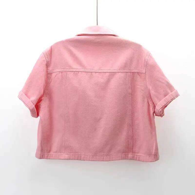 Designer Clothing 2025 Spring Summer Women Solid Color Casual Denim Coat Female Short Sleeve Pink Jean Jacket Outerwear Chaquetas