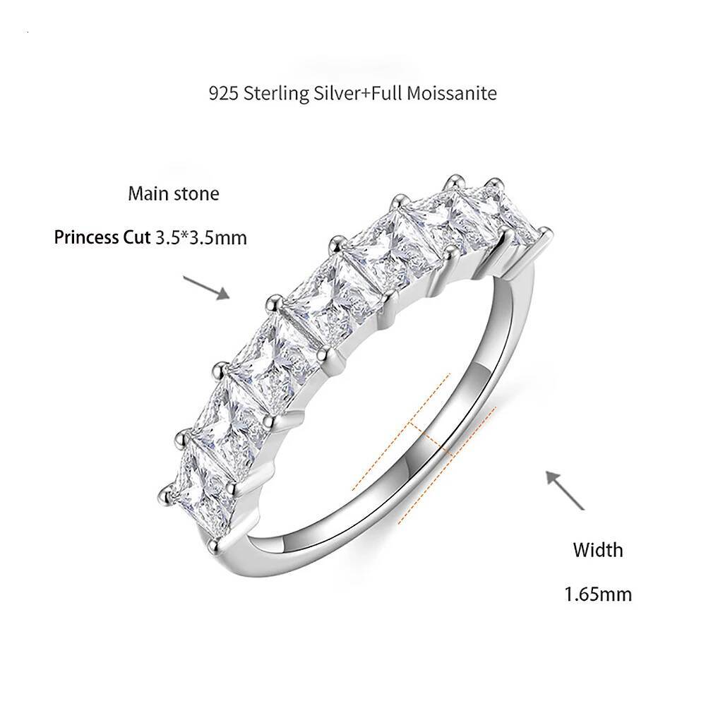 3.5mm Princess Cut Moissanite Diamond Ring for Women Square Shape Half Eternity Band 925 Sterling Silver Bridal Wedding Ring