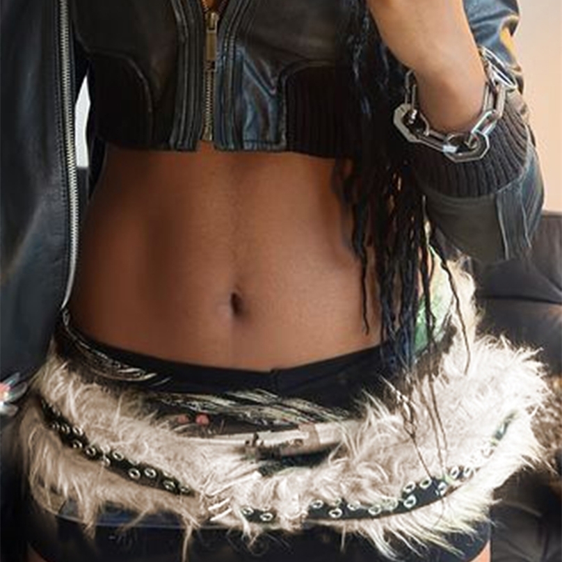 Faux Fur Spliced Pu Fashion Women's Belts Chic All-Match Khaki Y2k Retro Wild Style Accessorie Exquisite 250814