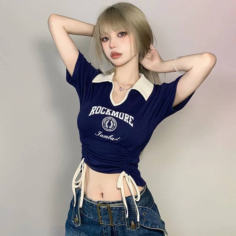2025 Women's Designer Sweet and fashion Spicy Style Clothes Women's Drawstring Strap Cutting Top Women's Folding Collar Pattern Short S