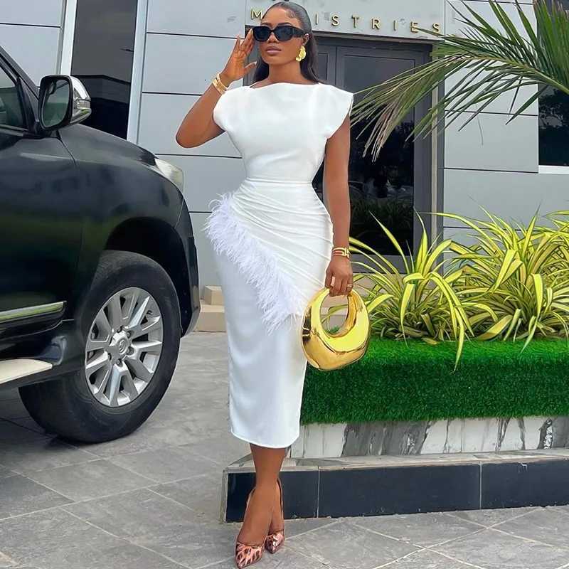 Women Dresses O Neck Pullover Solid Sexy Wrap Buttocks Dresses Ankle Length Office Lady Dress Slim Fit Sheath Feathers XJ250814