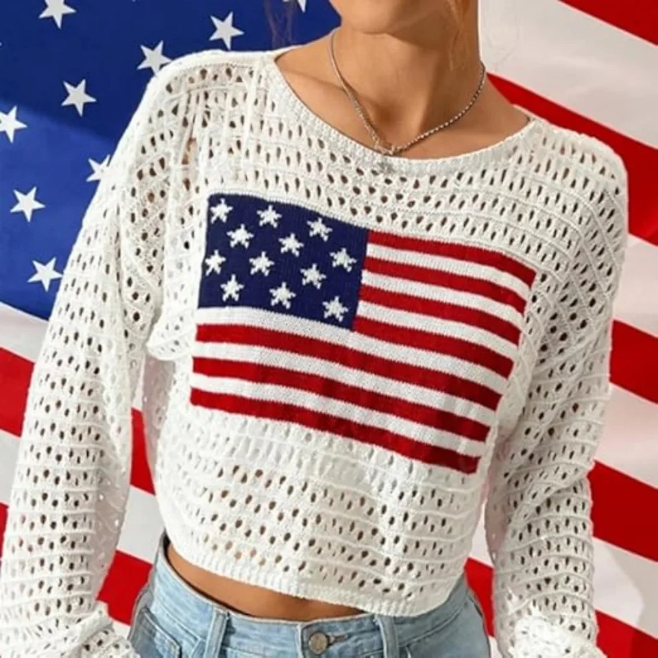 Womens Crew Neck Cropped Pullover American Flag Pattern Long Sleeve Knit Hollow Navel Top Womens Clothing 250808