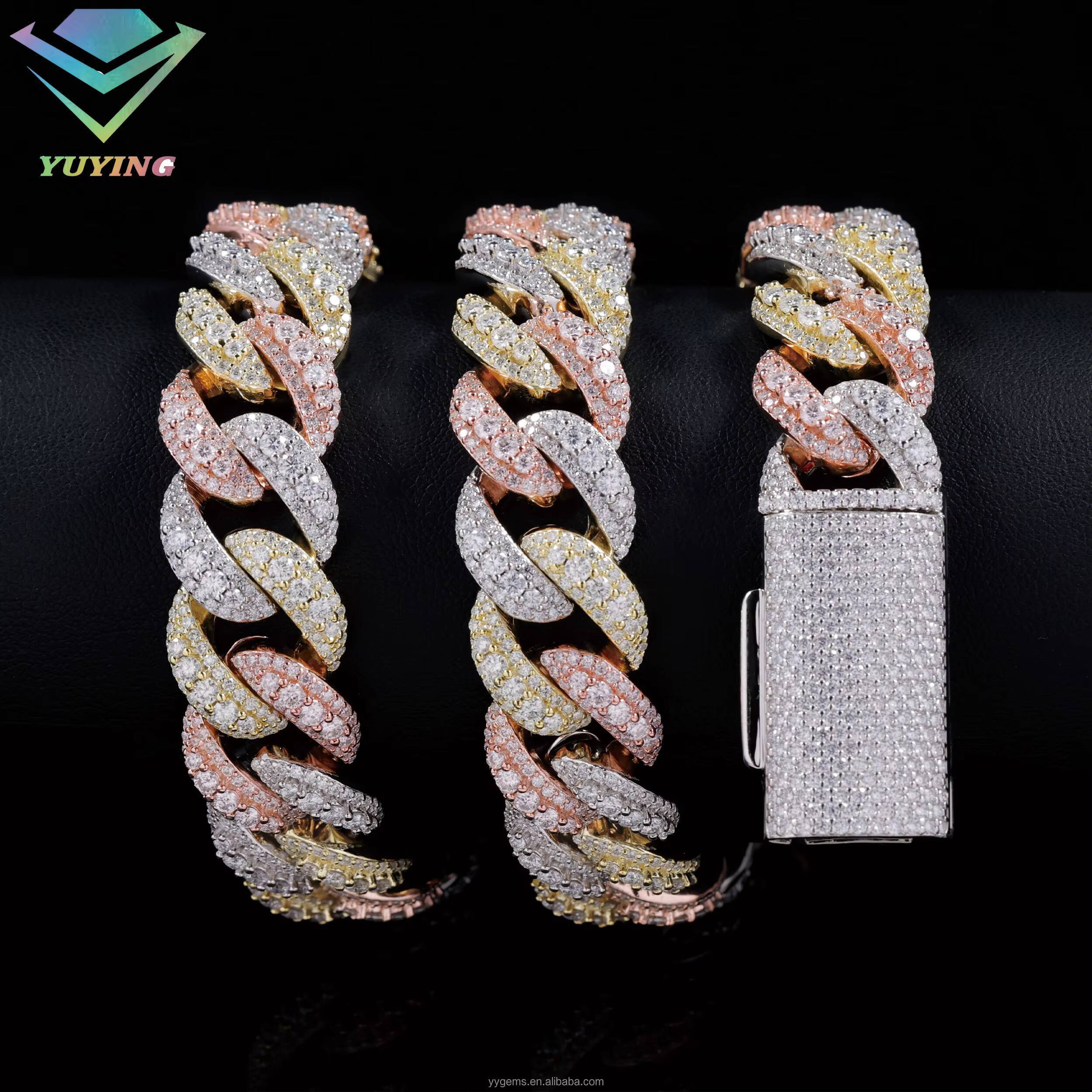 3 Tone White Rose Gold Tricolor Men Iced Out Moissanite Raised S VVS Dia Cuban Link Chain Necklace Jewelry