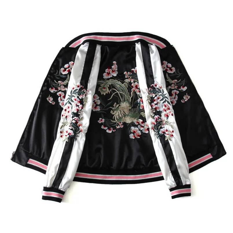 Women's Satin Sukan Embroidered Bomber Baseball Jacket 2 Double Sided Female Coat Floral Haruku Autumn Japanese Girls Z1