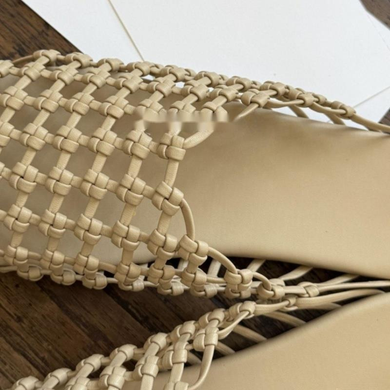 Woman Sandals Mules Sheepskin Hand-woven Mesh Breathable Hollow Fishing Net Flat-bottomed Half-slippers For Women For Summer Outdoor Round Toe Solid C