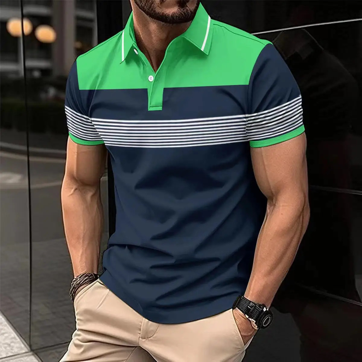 2025 -Selling Mens T-Shirt Short Sleeve Color Contrast Striped Print Button Business fashion Loose Mens Street POLO Shirt 250813