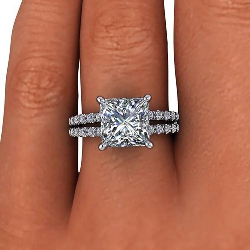 4.6cttw Princess Cut All Moissanite Hidden Halo Rings for Women 925 Sterling Silver Square Diamond Engagement Ring Wedding Band