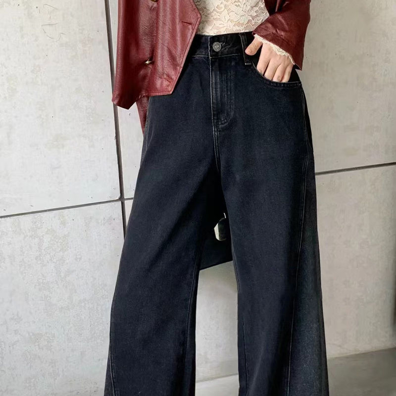 High-Quality Black Non-Elastic Wide-Leg Floor-Length Jeans