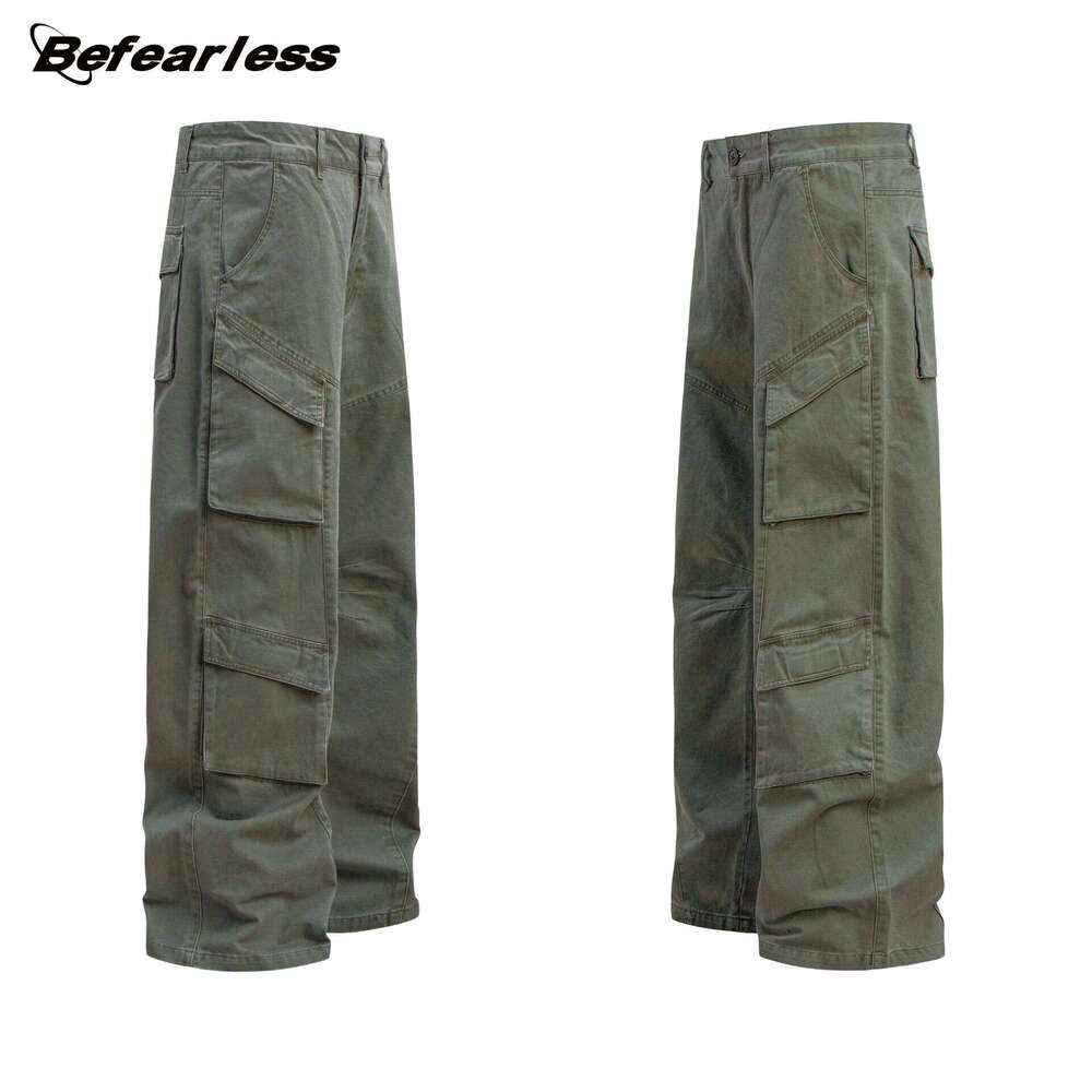 American Style Washed Vintage Scimitar Cargo Unisex Trendy Loose Niche Curved Multi-Pocket Casual Long Pants B5