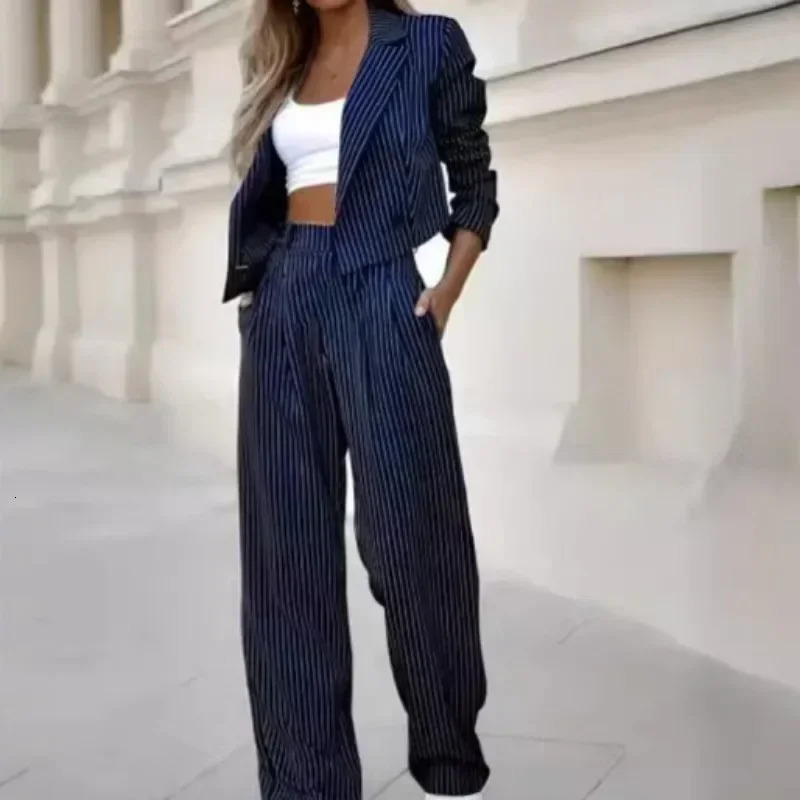 Mandylandy Casual Striped Suit Outfits Summer Short Style Lapel Trousers Stripe Blazer Coats StraightLeg Pants 250812