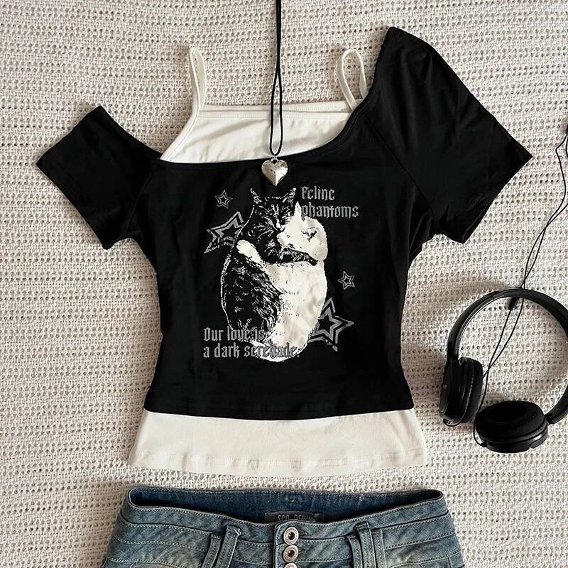 2025 Aesthetic Gothic Bat Underwear YK Style Second Time T-shirt Short Sleeve Vest Harajuku Street Wear Pants Women's Clothing Shirt Designer Top