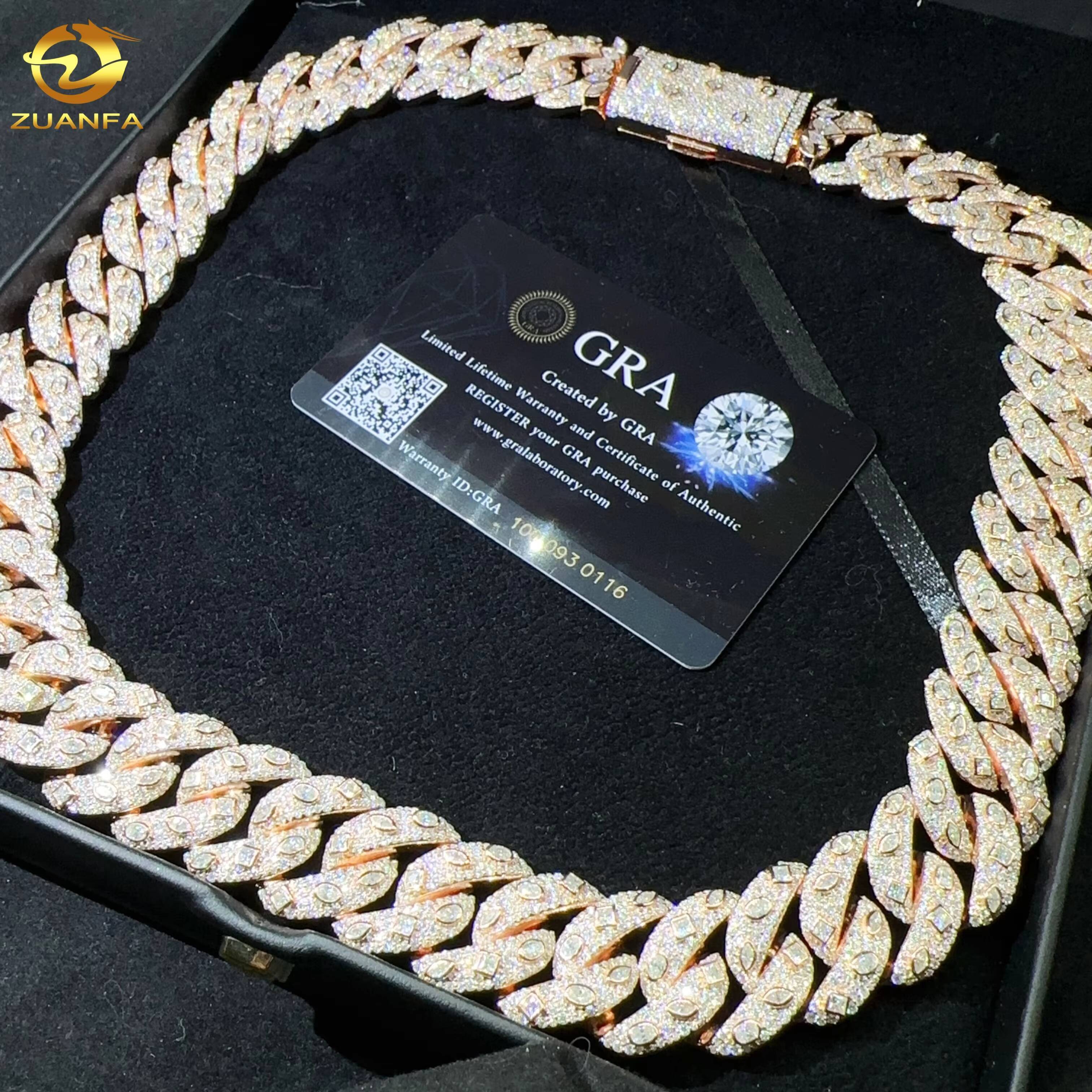 Hip Hop Jewelry Sterling Sier 20MM Necklace Iced Out VVS Moissanite Dia Miami Cuban Link Chain Gold Plated