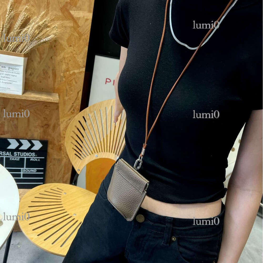 First Layer Cowhide Leather Neck Hanging Lipstick Earphone Bag Versatile Exquisite Clip Storage Coin Pouch Korean Version Mini Card Holder