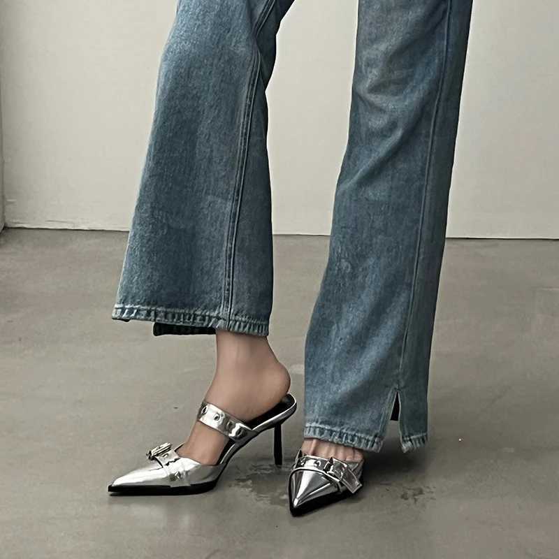 2023 Punk Goth Metal Buckle High Heels Sandals for Women Summer Pointed Toe Silver Party Shoes Korean Style Thin Heels Sandals W250814