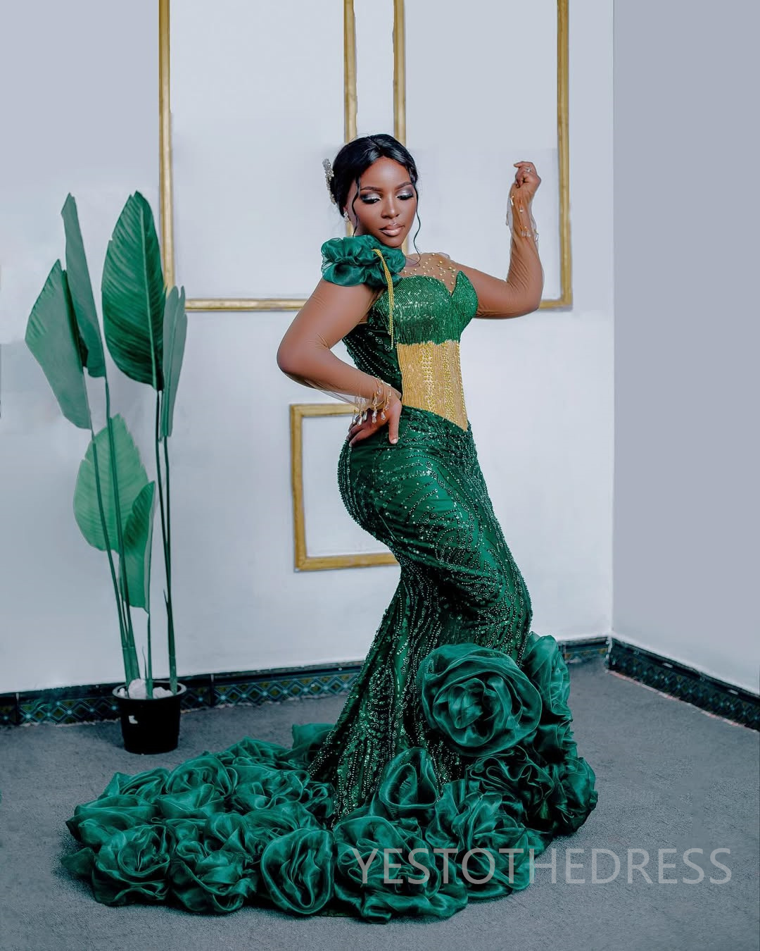 2025 Mermaid Plus Size Green Prom Dresses For Black Women Aso Ebi Illusion Sheer Neck Long Sleeves Appliqued Lace Beaded Birthday Dress Second Recepti