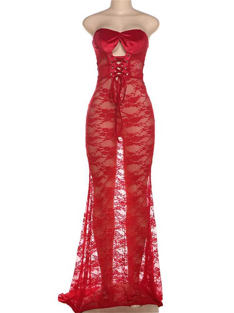 Nibber Lace Sexy Women Maxi Dress nning Coquette See Through Patchwork Strapless Bodycon Nightclub Dress XJ250814