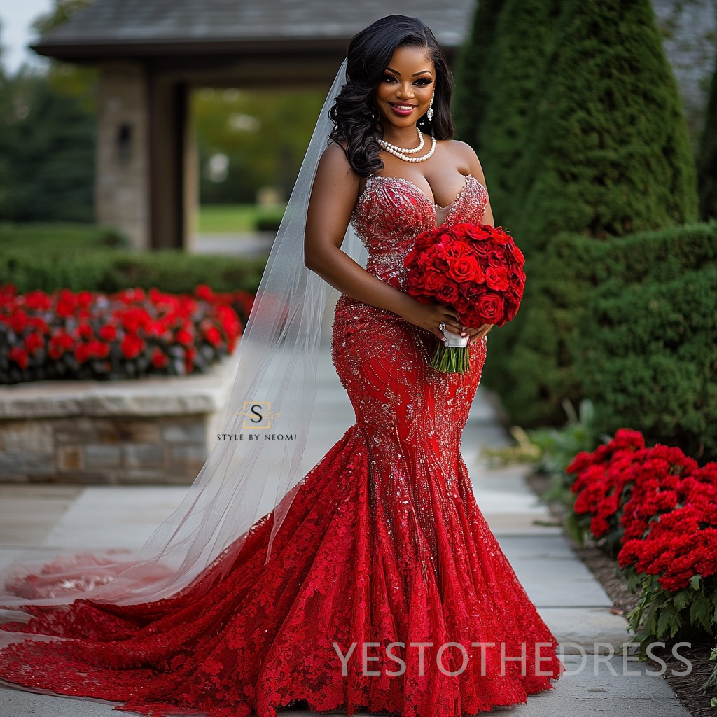 2025 Plus Size African Wedding Dress Bridal Gowns For Bride Mermaid Sweetheart Appliqued Beaded Lace Pearls Tiered Pleat Wedding Gowns For Black Women