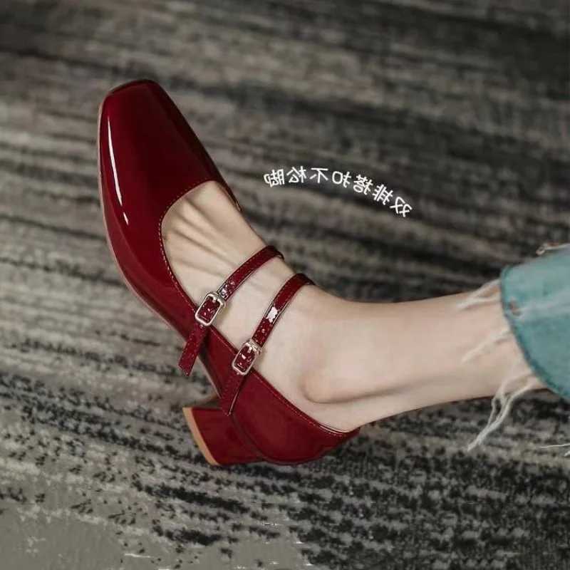 Spring Autumn Women Double Buckle Mary Janes Shoes Patent Leather Dress Square Head Square Heel Solid Color Womens Pumps W250814