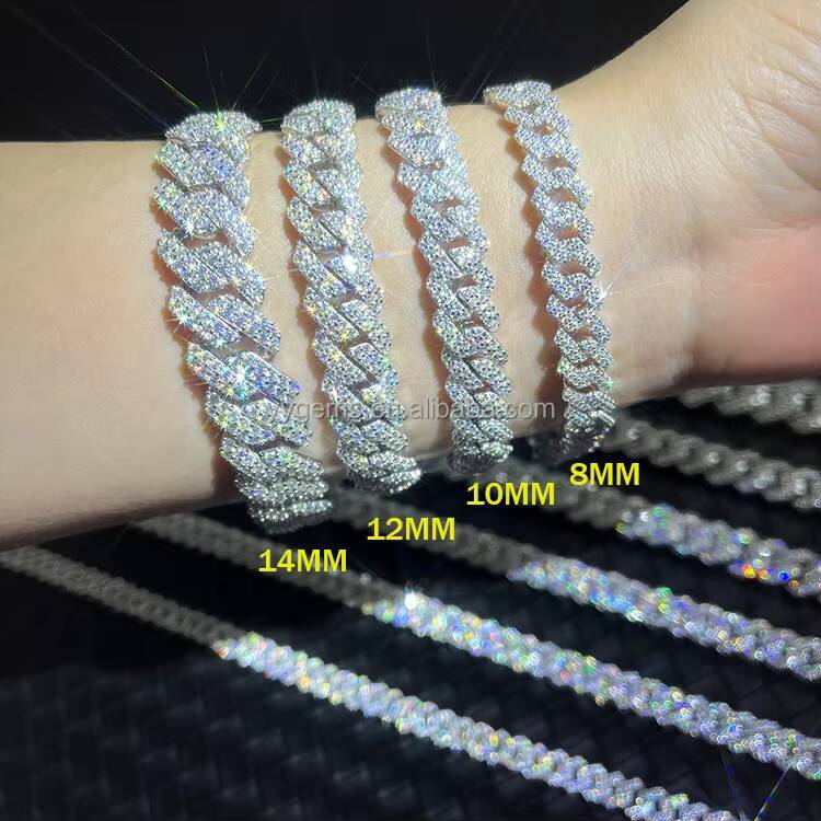 Hiphop Jewelry 8mm10mm 12mm Cuban Bracelet 925 Silver White Gold Plated Cuban 2rows Moissanite Bracelet