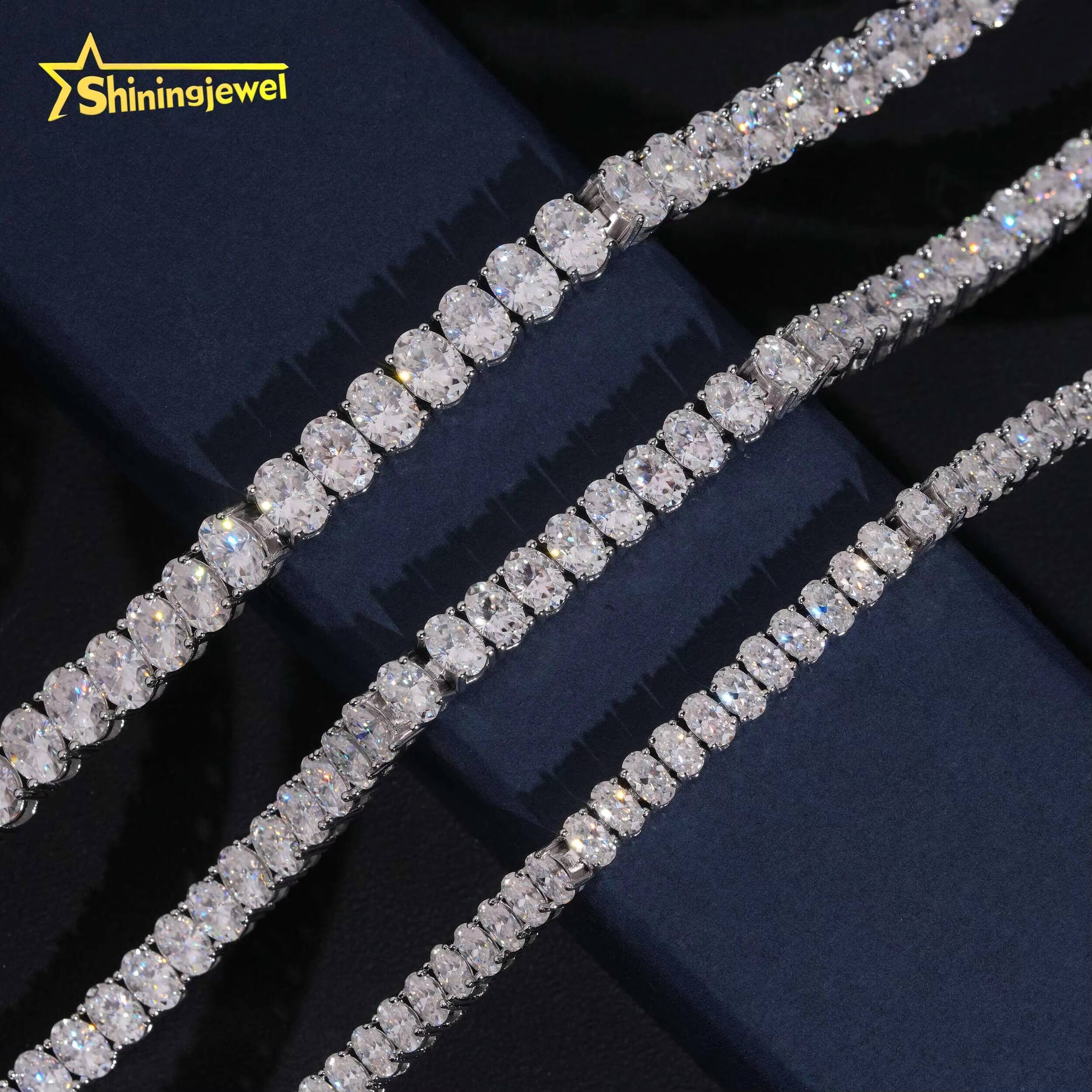 3 Sizes Iced Out Hip Hop Trendy Jewelry Oval Cut Tennis Chain Bracelet Sier VVS Moissanite Dia Necklace