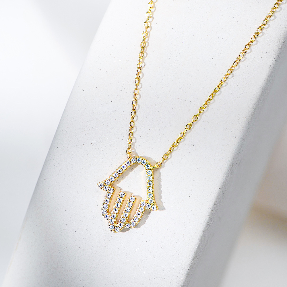 S Pure Sier Inlaid Dia Hollow Palm Necklace for Women Fashionable High-end Pendant Versatile Collarbone Chain