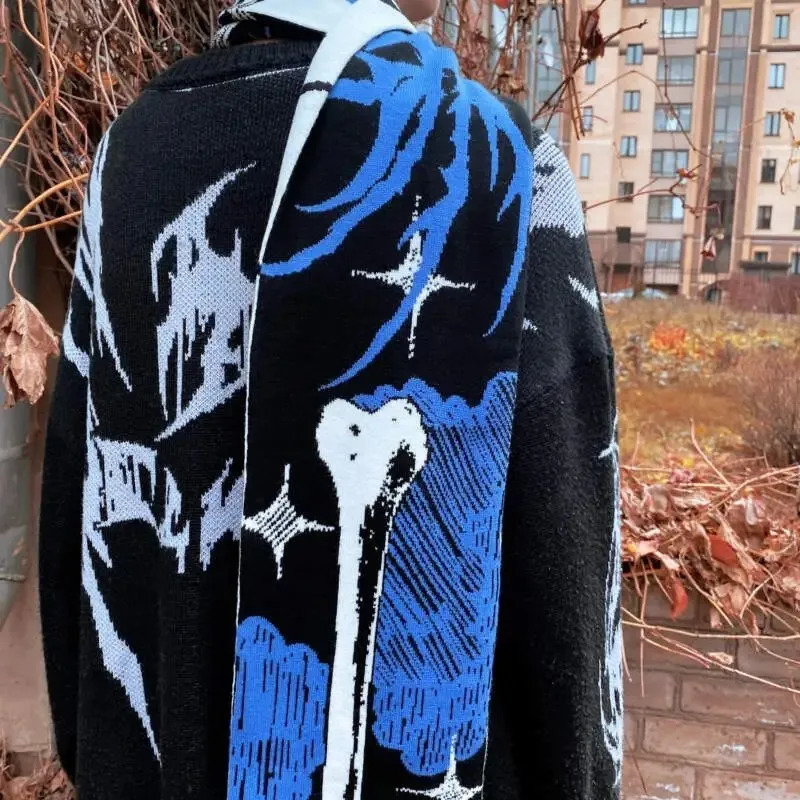 Fashion creative Anime Skeletons striped knitted womens scarf mens winter scarf apron black tassel luminous Y2K Kpop 250813