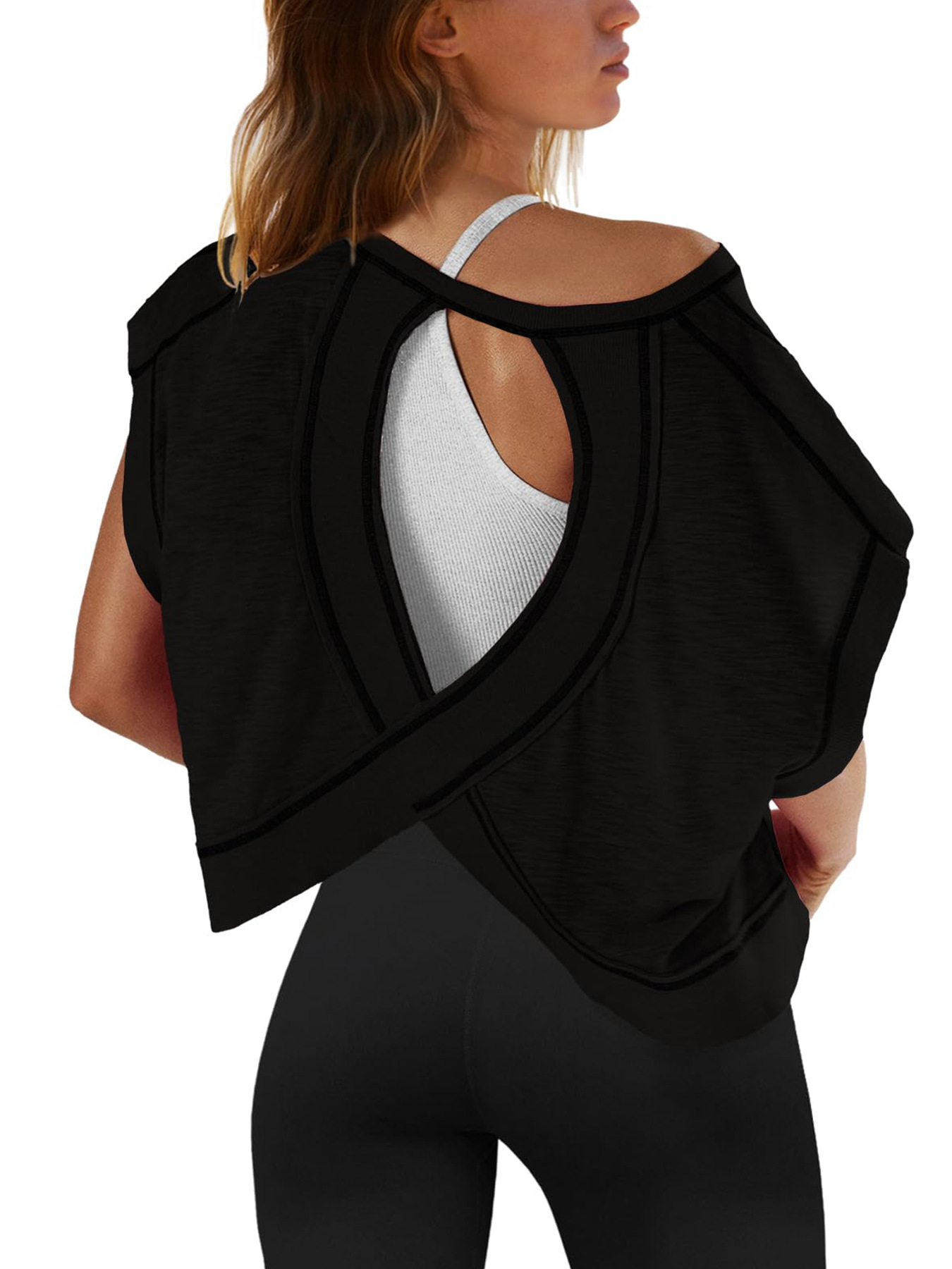 Women's T Shirts Short Sleeve Workout Shirts Open Back Tops Casual Yoga Y2k Athletic Gym Slouchy Crop Running Tees