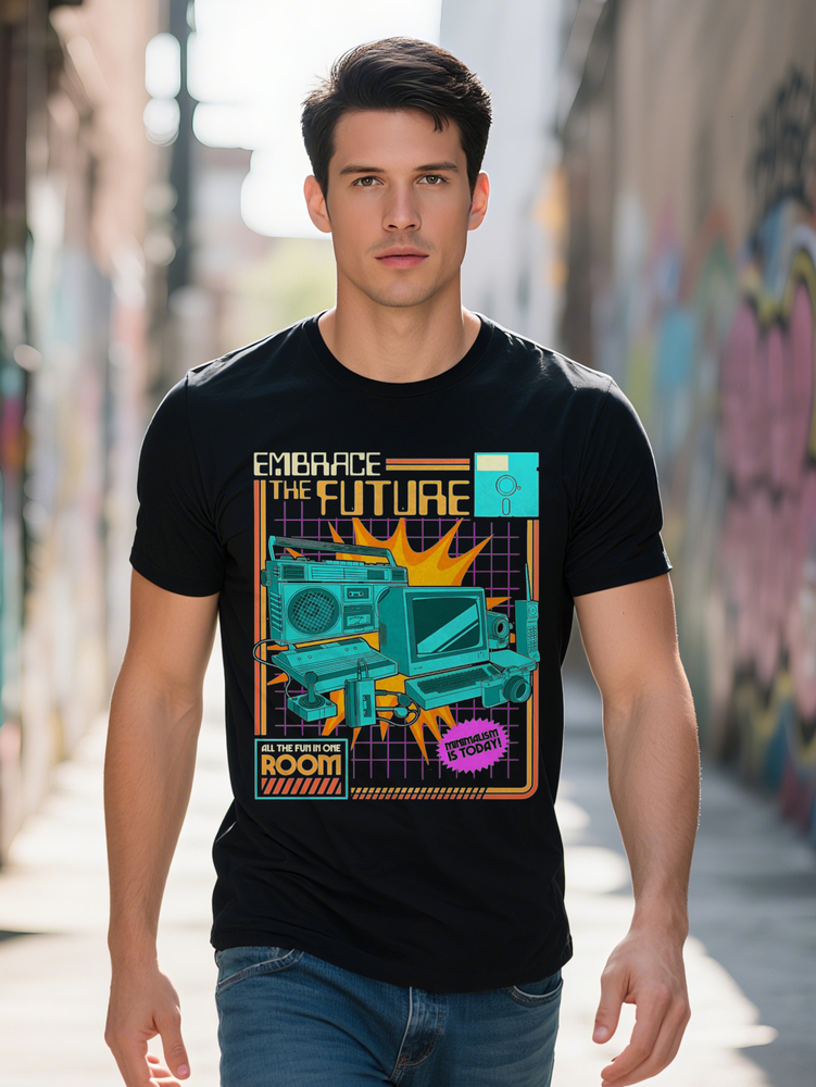 Men s Retro Gaming Console Graphic T Shirt Black Crew Neck Summer Tee with Embrace the Future Print Perfect Gift for