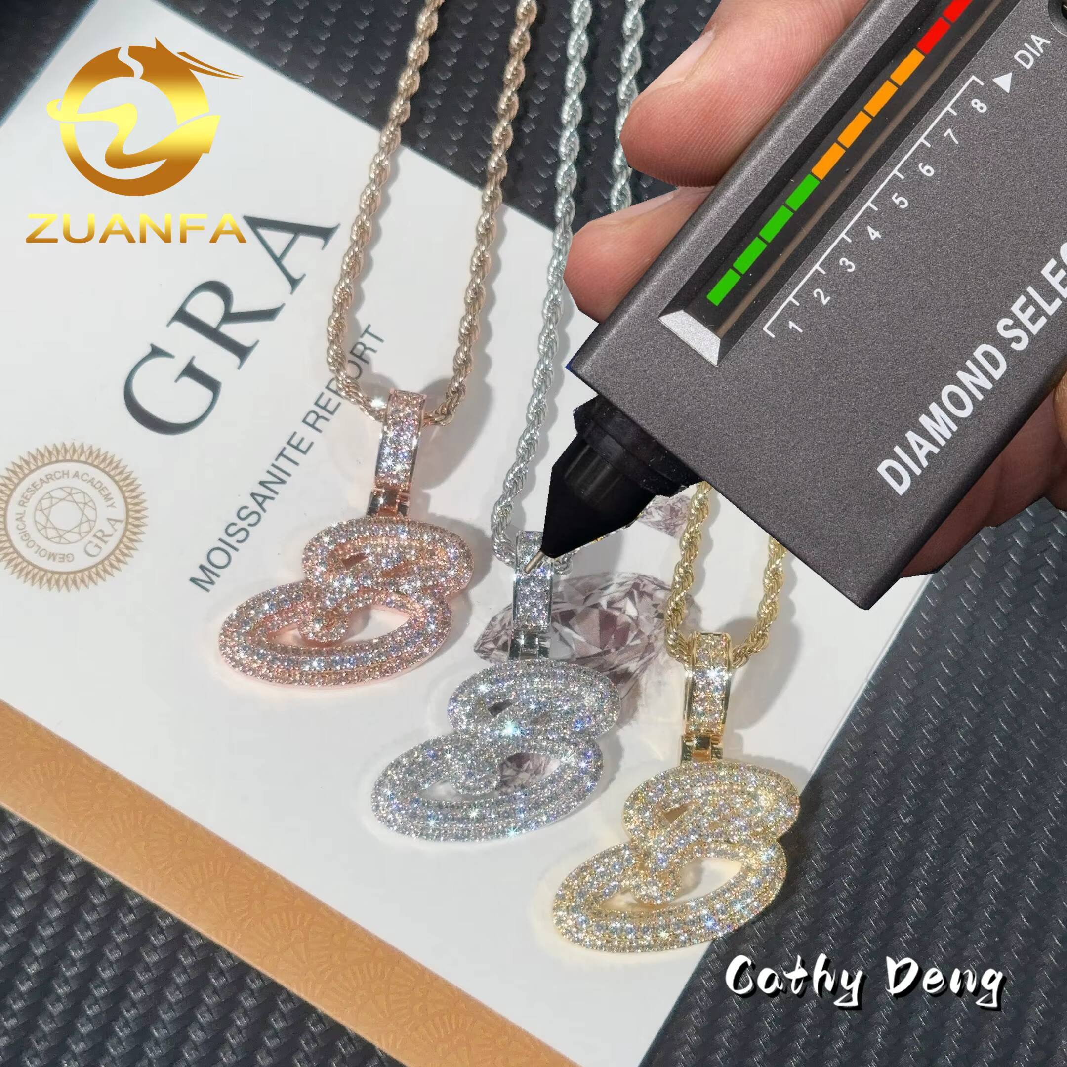 Ready to Ship Initial Letter Moissanite Pendant Hip Hop Style Iced Out Pendant 925 Sterling Silver Pendant With 316L Rope Chain