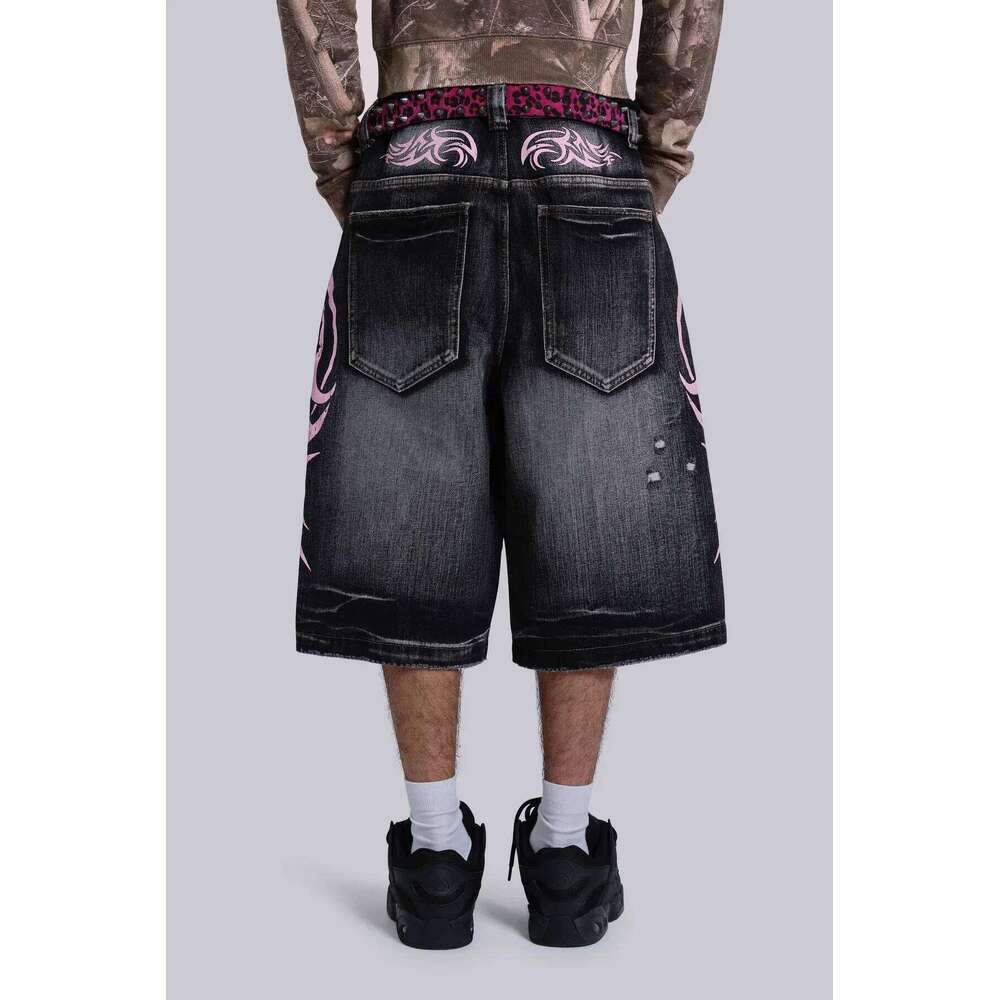 2025 New Gothic Flame Print Used in Old Washing and Worn Five-point Men's Street Fashion Haruku Y2K Baggy Jeans