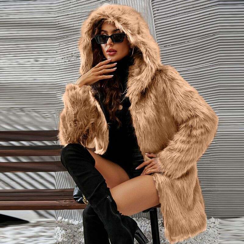 Women's Clothing New Autumn And Winter Hooded Mid Length Fur Jacket Top For Women