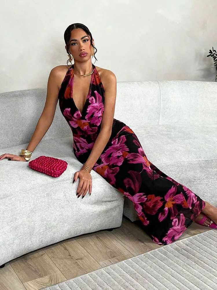 Women New Dresses Summer Streetwear Fashion Halter Casual Slim Dress Red Sexy Print Sleeveless Lady Ele Mesh Dress Clothing XJ250814