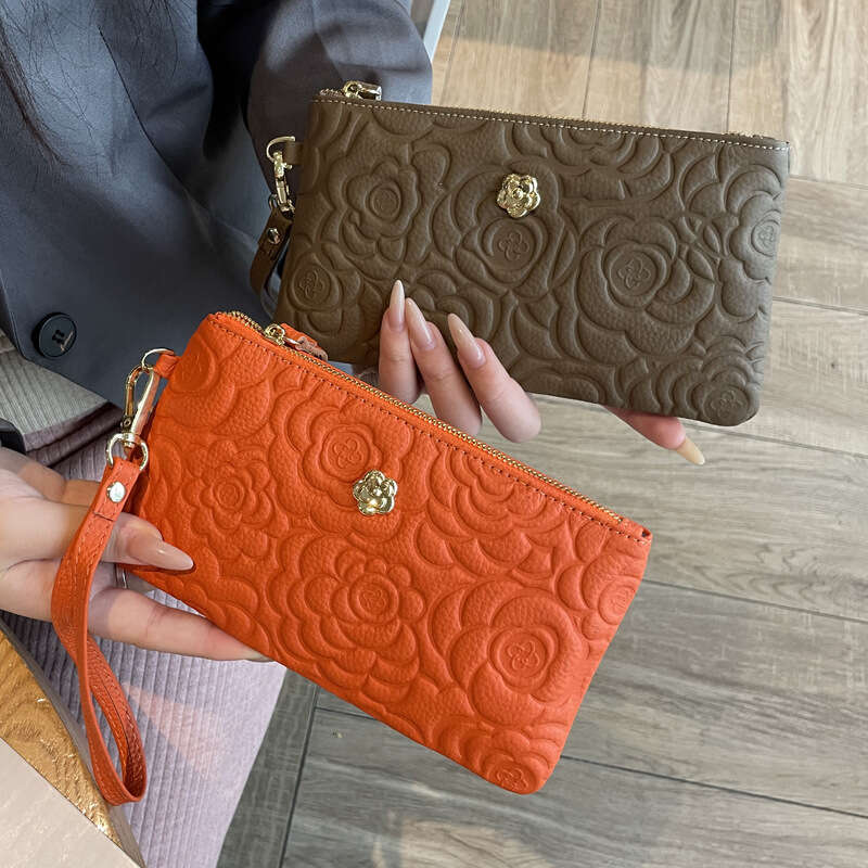 New Women's Clutch Bag Large Capacity Top Layer Cowhide Embossed Zipper Long Wallet Genuine Leather Handbag