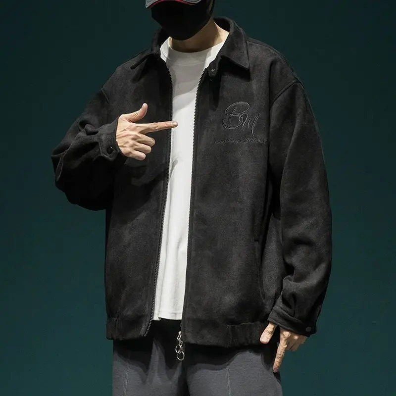 American Vintage Suede Thickened Lapel Baseball Coat Mens Autumn Winter Solid Embroidery Button Pockets Trendy Versatile Jacket 250808