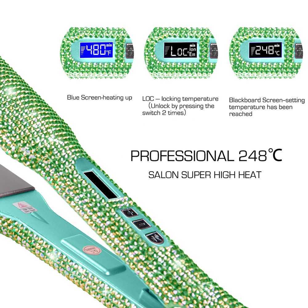 Rhinestone Flat Iron Titanium Hair Straightener Dual Voltage Iron Professional Hair Tools LCD Display 2 Inch Plate Irons W250814
