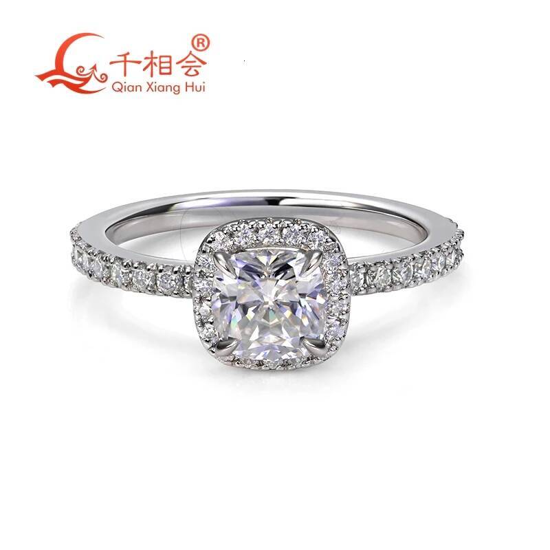 6mm Cushion Halo Ring Women round Half Eternity Band D White VVS Moissanite 925 Sterling Silver Jewelry for Engagement