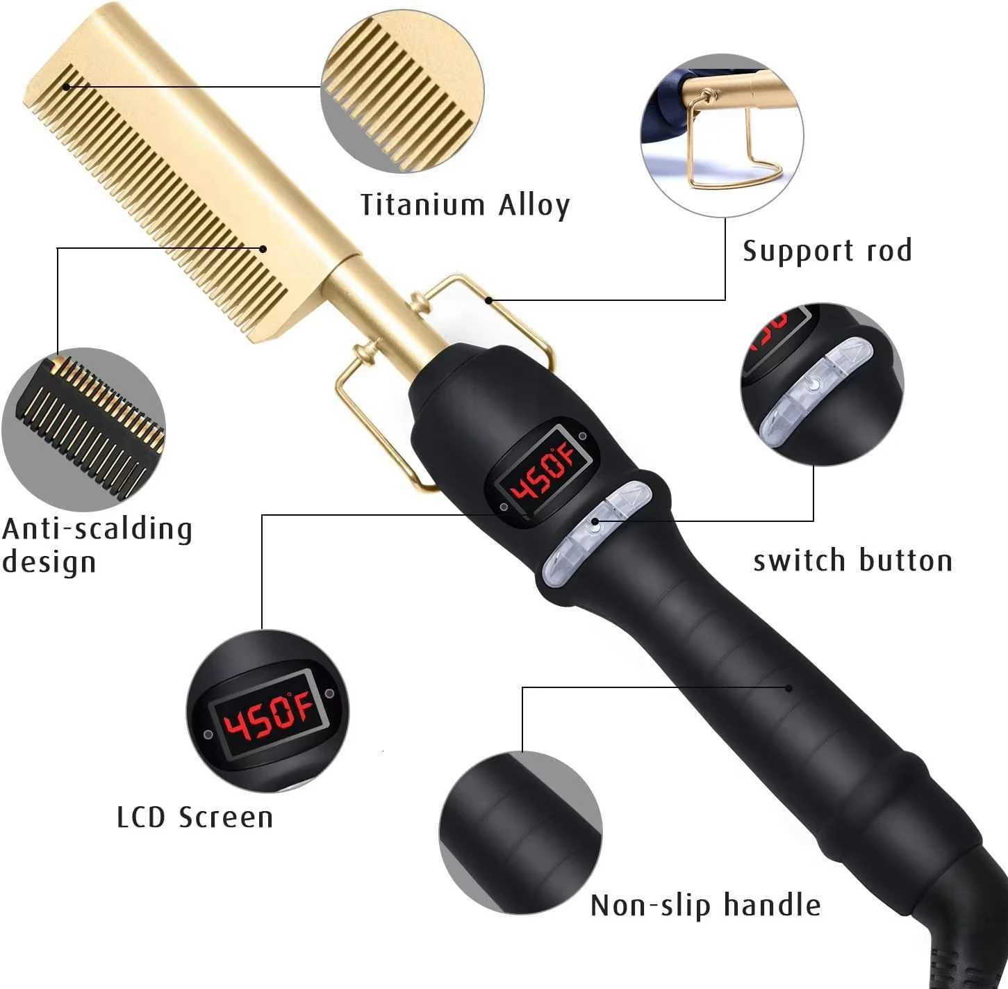 UNTIOR Hot Comb Hair Dry And Wet Straight Hair Curling Copper Comb Bangs Straight Hair Electric Heating Curling Comb Hair Comb W250814