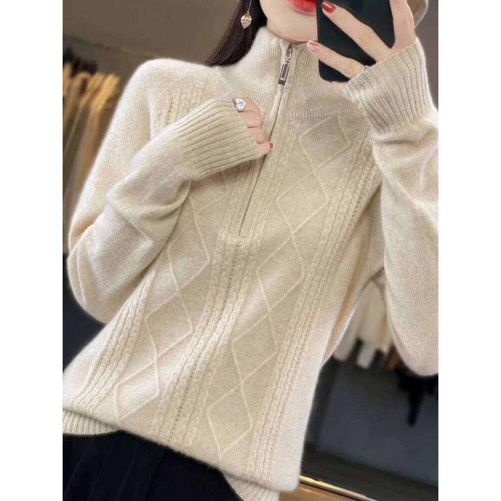 Women 100% Merino Wool Sweater Turtleneck Twisted Zipper Half Open Neck Pullover Autumn Winter Thickened Casual Knit Loose Tops 20250809