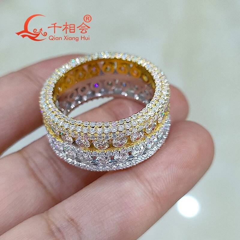 Double Color Yellow And Silver 11.8mm Full Moissanite Ring with round Brilliant Diamonds - Engagement Wedding Jewelryr Men Women