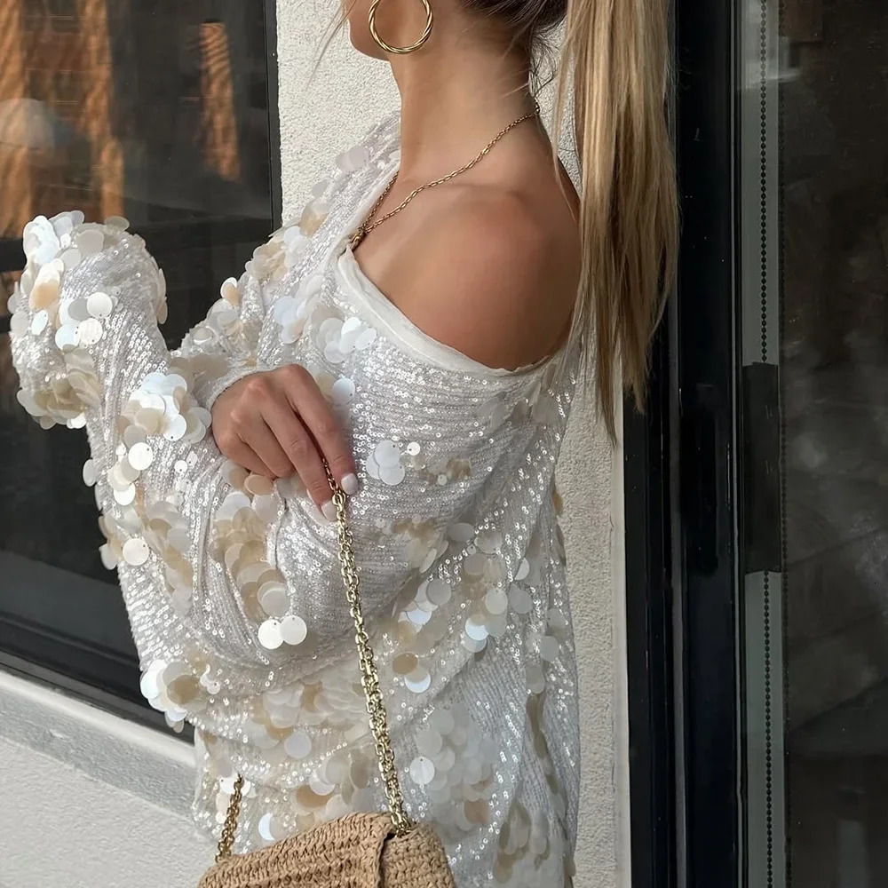 Womens Shiny Jacket Solid V-Neck Lace-up Sequined Long Sleeve Coat Streetwear Female Autumn Casual Top Jacket Outfits 250811