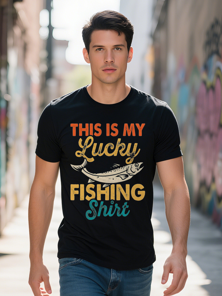 Men's Casual Fishing Shirt Black Tee with Fish Graphic Round Neck Short Sleeve Summer Humor Top Regular Fit