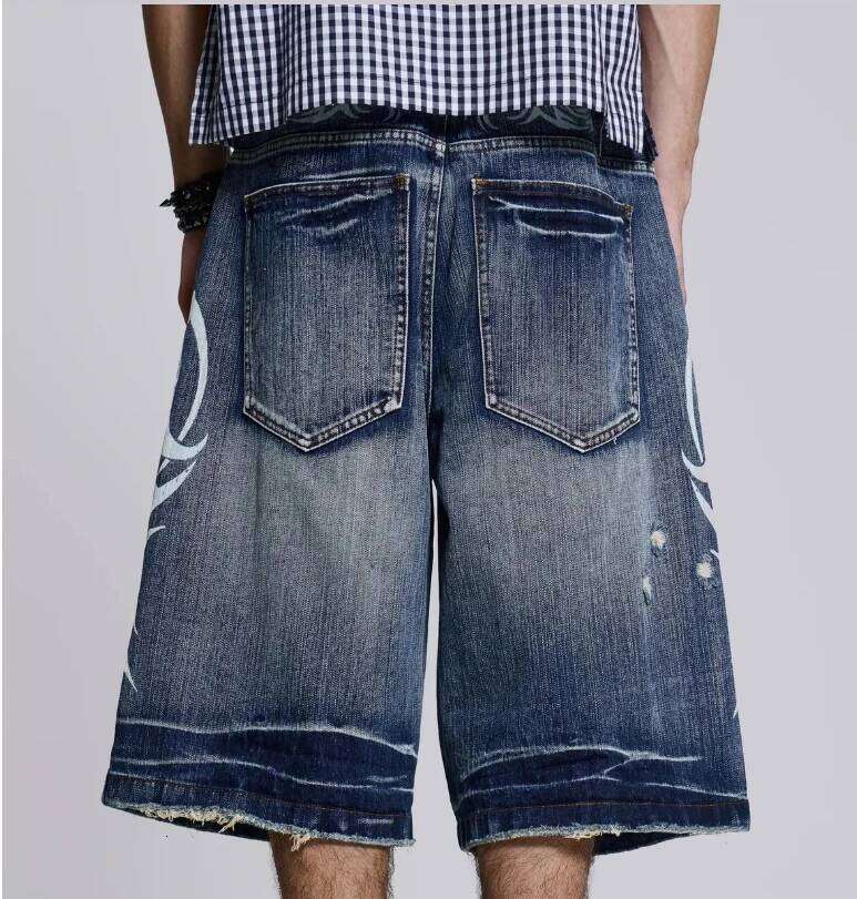 2025 New Gothic Flame Print Used in Old Washing and Worn Five-point Men's Street Fashion Haruku Y2K Baggy Jeans