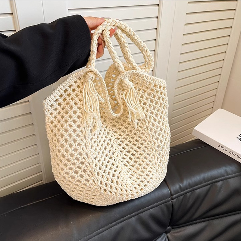 Casual Large Capacity Commuter Cotton Woven Hollow Straw Lazy Style Beach Vacation Shoulder Bag for Women