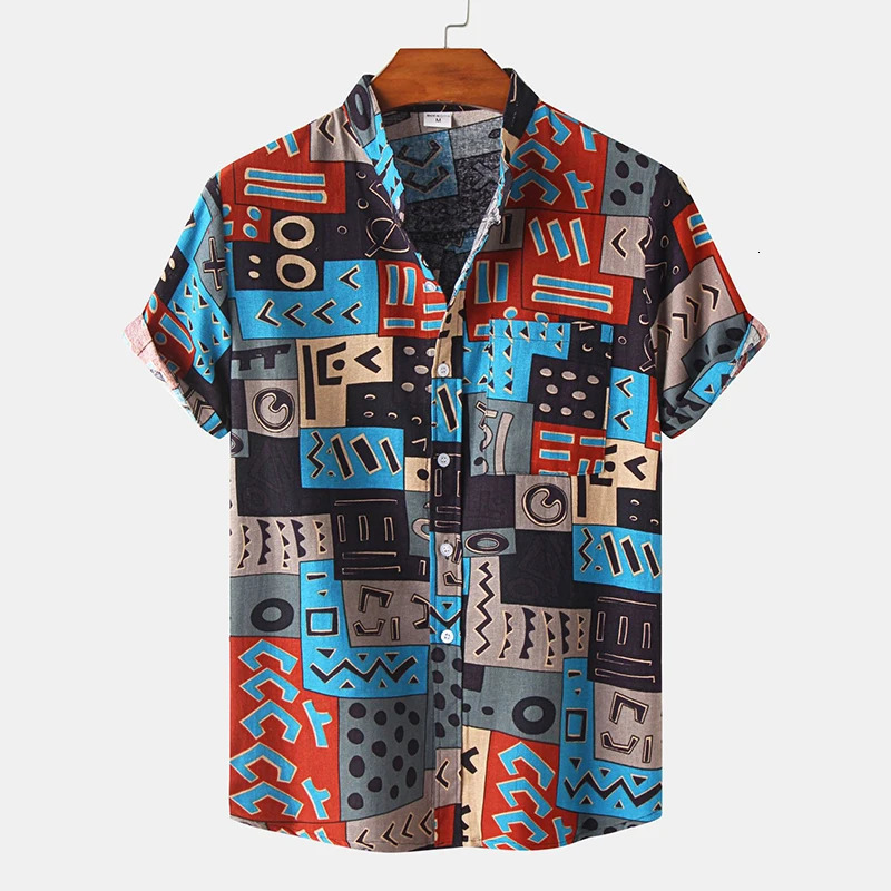 Mens Cotton Polyester Summer Short Sleeve Shirt Boho Geometric Pattern Hawaiian Beach Male Shirts Casual Blouse For Men 250804