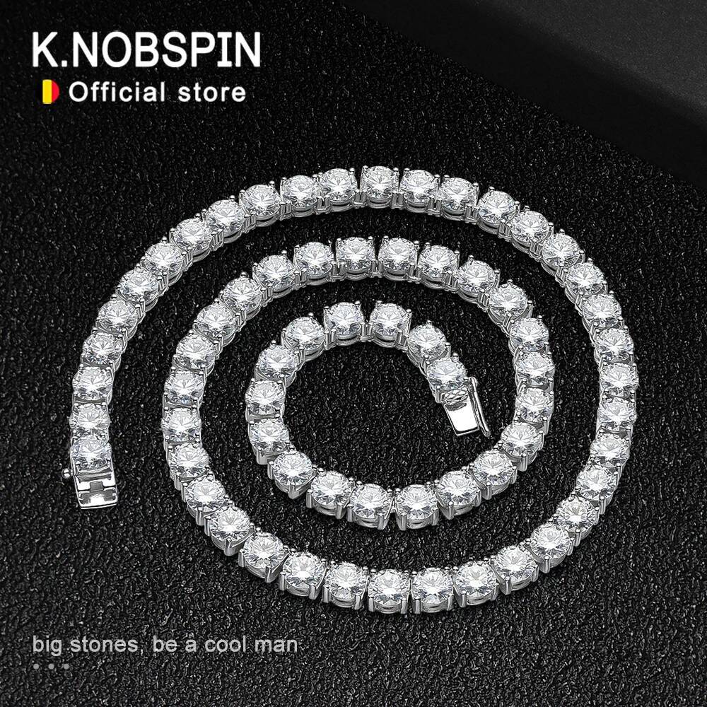 KNOBSPIN D VVS1 6.5mm Full Moissanite Tennis Necklace for Women Man Sparkling Diamond with GRA 925 Sterling Silver Neck Chain