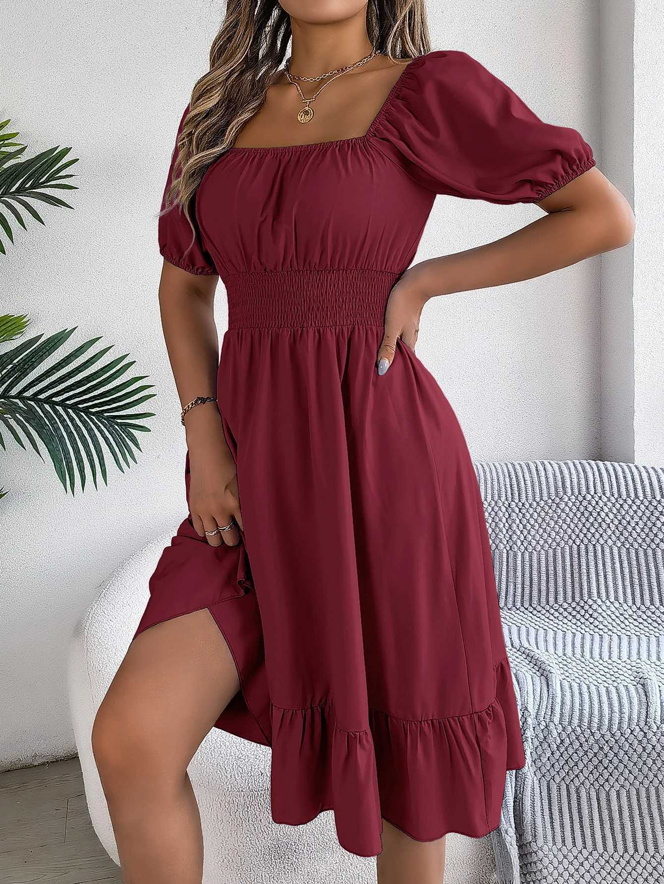 Spring and Summer Ele High Waisted Dress Square Neck Short Sleeve Ruffled Edge Long Dresses for Women XJ250814