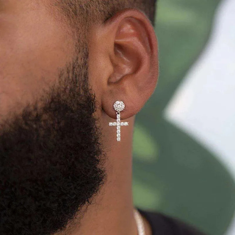 Male HipHop Ear Studs Full White Zircon Cross Stud Earrings For Men Women Punk Vintage Gold Silver Color Unisex Party Jewelry 250812
