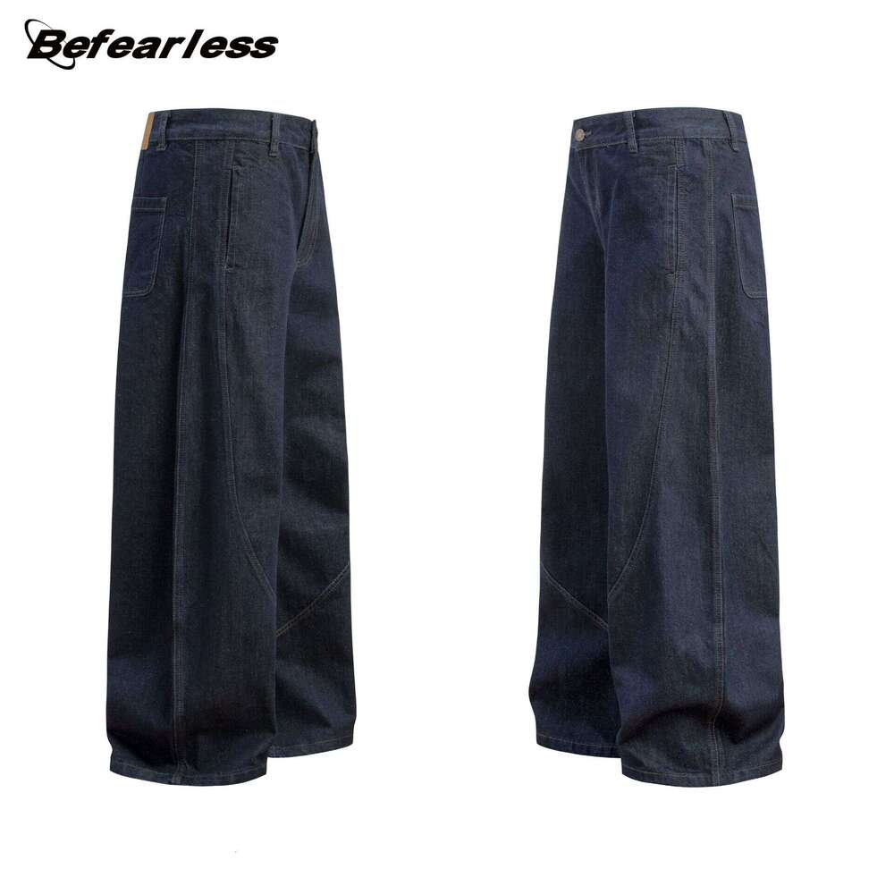American Style Raw Denim Scimitar Jeans Loose Draped Wide Leg Sickle Men's Summer Long Pants B5
