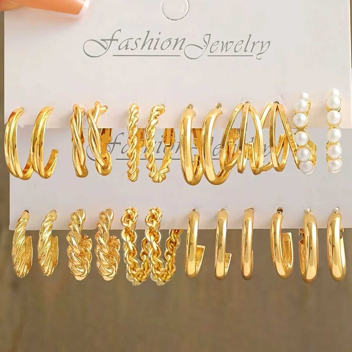 Fashion Geometric Hoop Earring Twisted Pattern Multi-Element Inlaid Imitation Pearl C-Shed Earring Womens Daily Party Jewelry XJ250814