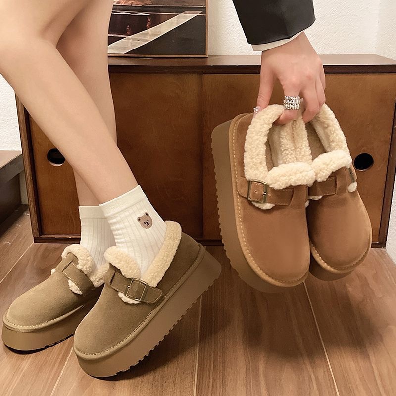 Thick soled buckle snow boots 2025s winter new style with plush insulation women's cotton shoes round toe versatile free shipping size 35-40